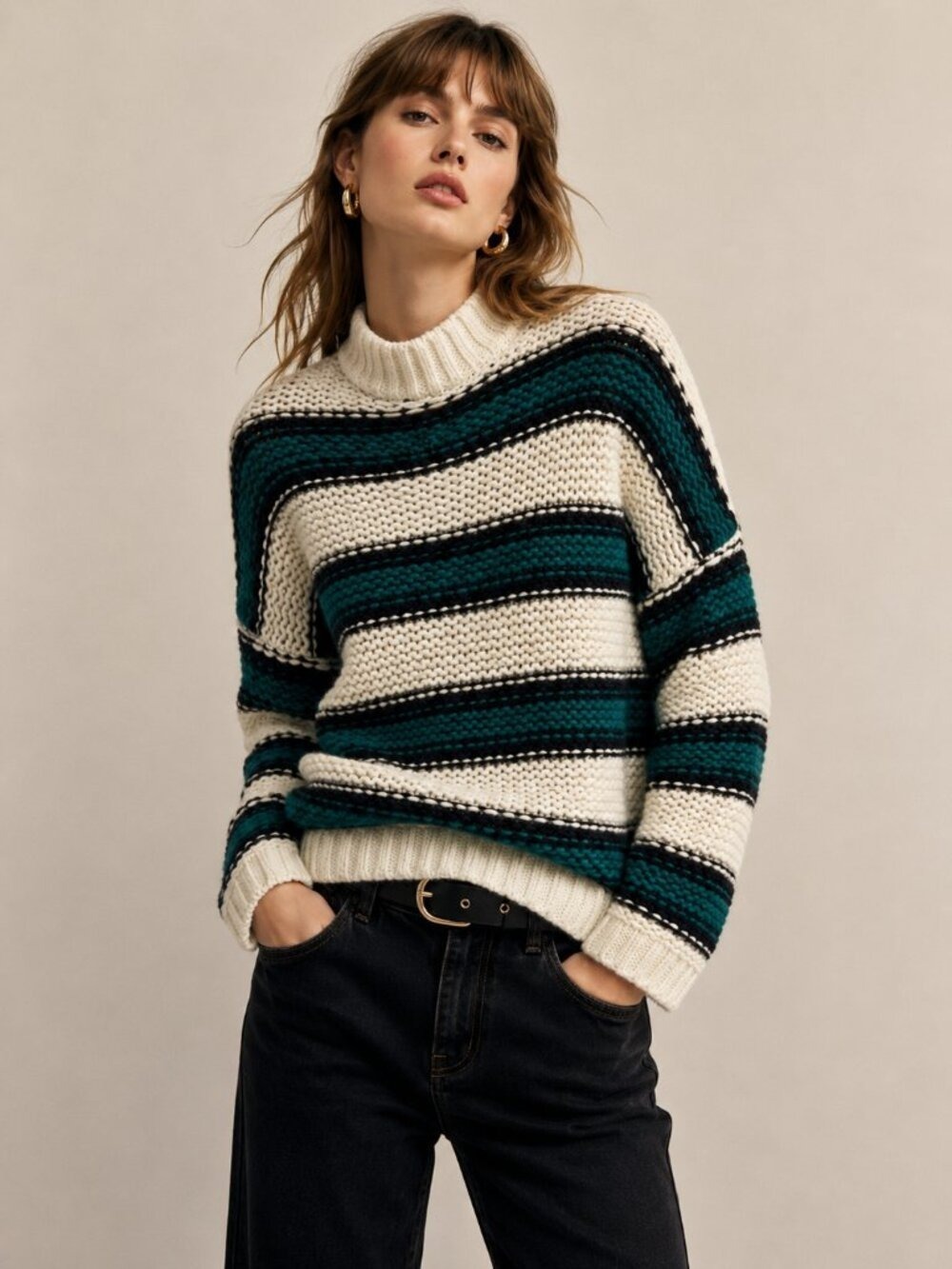 Maje Paris Chunky Striped Knit Sweater | Size 2 | Green & Cream | 0699